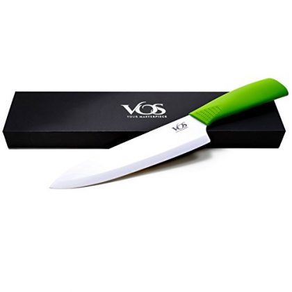 Ceramic Knife – Vos Professional Classic Ceramic Chef’s Knife 8 Inch Zirconia Hard White Blade Green Handle + Gift Box + Bonus Cookbook – Chef Knife