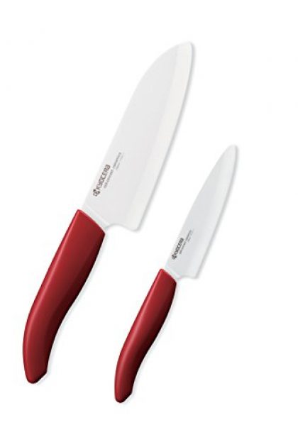 Kyocera FK-2PC-RD1 2-Piece Cultery Gift Set, Includes Revolution 5.5-Inch Santoku and 4.5-Inch Utility Knife, White Blade with Red Handle