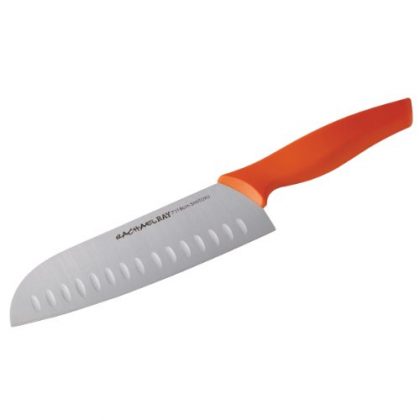 Rachael Ray Cutlery 7-Inch Japanese Stainless Steel Santoku Knife with Orange Handle and Sheath