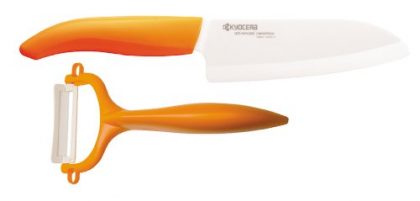 Kyocera FK140CP10NOR Revolution Series 5-1/2-Inch Santoku Knife and Y-Peeler Set, Orange