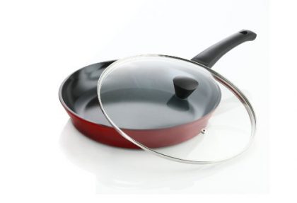 Flamekiss 12″ Red Ceramic Coated Fry Pan by Amorè, Innovative & Elegant Design, Nano Ceramic Coating w/ Silver Ion (100% PTFE & PFOA Free) w/ Glass Lid