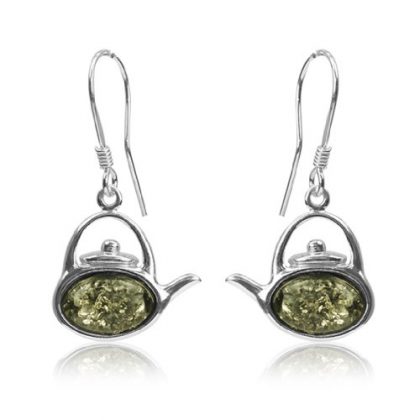 Sterling Silver Green Amber Tea Kettle Hook Earrings