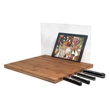 CTA DIGITAL Bamboo Cutting Board with Knife Storage and Screen Shield for iPad