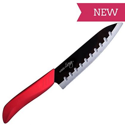 Chefs Knives – New with Serrated Edge – Great Addition for Your Knife Blocks – Ideal Kitchen Utility Tool for Vegetable, Seafood, Sashimi, Fillet – Japanese Classic Santoku Design – Shiny Black Mirror Finish Ceramic Blades