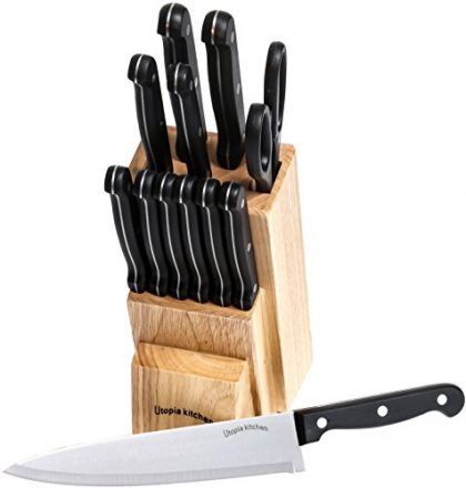 Utopia Kitchen 13-Piece Block Knife Set, Includes Bread Knife, Carving Knife, Paring Knife, Scissors, Utility Knife, Steak Knife, Rubberwood Knife Block