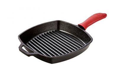 Lodge Manufacturing Company Pre-Seasoned Cast Iron Square Grill Pan with Red Silicone Hot Handle Holder, 10.5″, Black