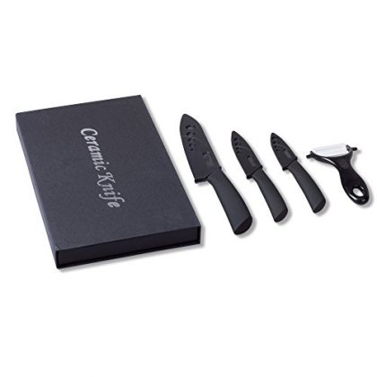VDOMUS® Home Premium 4 Piece Ceramic Cutlery Knife and Peeler Set (5″ Utility, 4″ Paring, 3″ Fruit Knife, with One Peeler) Black Handle and White Blade