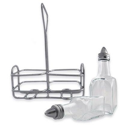 (3 Piece) Tabletop 6 Ounce Oil and Vinegar Dispenser Cruet Set with Chrome Plated Caddy Holder