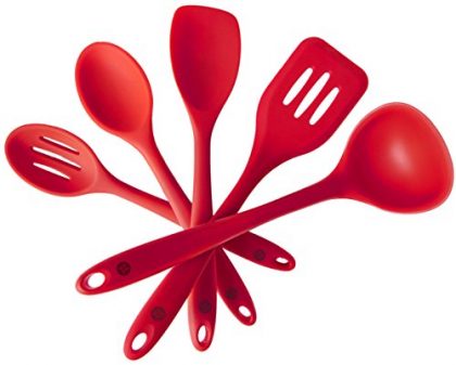 StarPack Premium Silicone Kitchen Utensil Set (5 Piece) in Hygienic Solid Coating – Bonus 101 Cooking Tips (Cherry Red)
