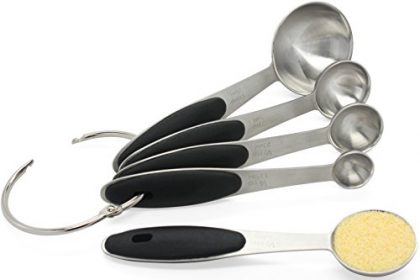 Measuring Spoons by Kitchen Zest, 5-Pcs 18/8 Stainless Steel Spoon Set with Engraved Measurements for Measuring Any Ingredients – Soft-Touch Ergonomic Handles, Removable Ring Keeps Spoons in One Place