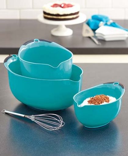 Set of 3 Teal Blue Plastic Oversize Nesting Handled Mixing Prepping Kitchen Bowl