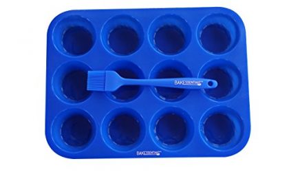Bakeware Silicone Set, Regular Muffin/Cupcake 12 cup Baking Pan, Pastry/Basting Brush, ERecipes – Blue