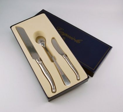 Coutellerie Tarrerias-Bonjean Laguiole Breakfast Set Composed of 1 Bread Knife, 1 butter spreader, and 1 Jam Spoon, all Stainless Steel, Full Tang
