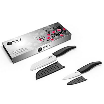 Deluxe Ceramic Knives Set – No More Sharpening, Keep Your Food Pure, Will Never Rust! – 5″ Santoku & 3″ Paring Knife – by Raku Cutlery