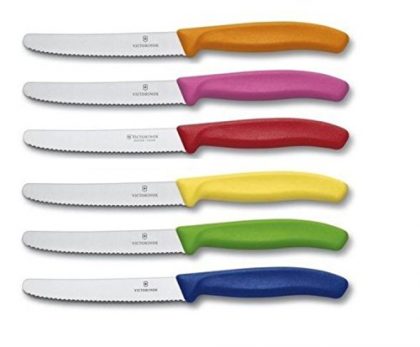 Victorinox Swiss Stainless Steel 6 Piece Round 4.5 Inch Serrated Steak Knife Set with Green, Orange, Pink, Yellow, Red, and Blue Fibrox Handles