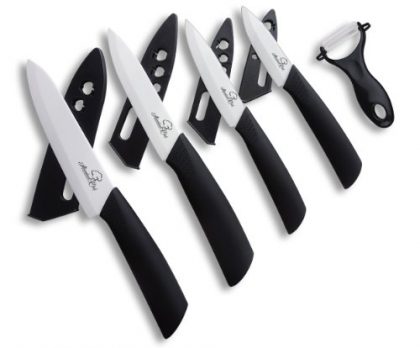 Abundant Chef (TM) Premium 9 Piece Ceramic Cutlery Knife and Peeler Set (6″ Chef’s, 5″ Utility, 4″ Paring, 3″ Fruit Knife, with One Peeler) Black Handle and White Blade, 4 Sheaths