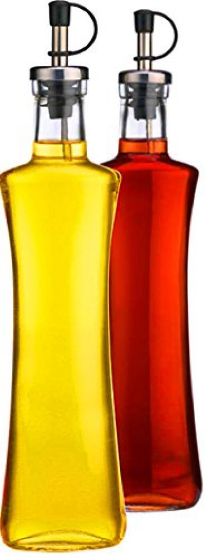 Palais Glassware Oil & Vinegar 12 Oz Clear Glass Dispenser Cruet Bottle, with Silver and Black Spout – Set of 2 – (Oval Shaped)