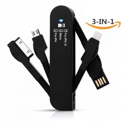 USB Cable, J2cc 3 in 1 Swiss Knife Shape Multifunctional USB Portable Cable Set Micro Usb,30 Pin,8 Pin with LED Light for Ipad,ipod,iphone 6,iphone 4/4s/5/5s, Samsung Galaxy, Htc, Other Micro USB Samrt Phones, Mp3 Players, Gaming Devices and Bluetooth Headsets (Black)