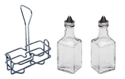 6 oz. (Ounce) Tabletop Oil and Vinegar Cruet Glass Bottle Bottles Cruets Dispenser w/Chrome Plated Caddy Holder, Two (2) Cruet Bottles