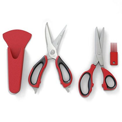 Kitchen Herb Shears (5 Blades) and Kitchen Scissors Set, Soft Handle, Red and Black, Extra Sharp, Professional Grade Stainless Steel Culinary Food with Cooking Ebook