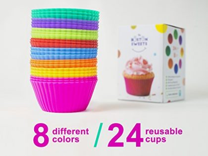 Silicone Cupcake Liners – 24 Pack Baking Cups- EIGHT colors – Reusable & Nonstick Muffin Molds – Cupcake Holders Gift set – Pink Purple Blue Red Green Fun Green Yellow Orange Muffin Cups – FREE E-BOOK WITH 70 RECIPES -Lifetime Guarantee!!!