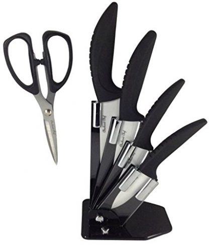 Checkered Chef Ceramic Kitchen Knife Set – 4 Knives Plus Holder/Block. Bonus Stainless Steel Scissors