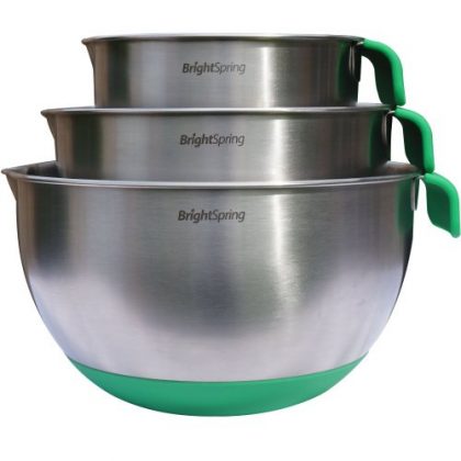 BrightSpring Mixing Bowls – 3-piece Stainless Steel Set – Rubber Bottom, Measurements, Handle & Spout – Recipe eBook