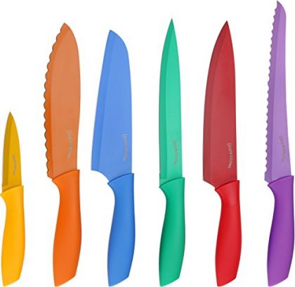Utopia Kitchen 6-Piece Non-Stick Knife Set, Color Coded Knives, Includes Chef Knife, Bread Knife, Carving Knife, Paring Knife, Sandwich Knife and Santoku Knife