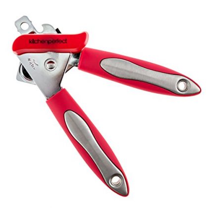 Deluxe Manual Can Opener and Tin Opener Safety Cut Smooth Edge By Kitchen Perfect, Red
