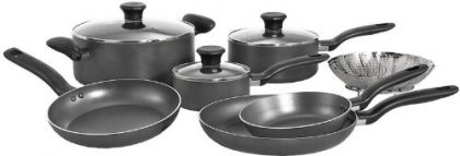 T-fal A821SA Initiatives Nonstick Inside and Out Dishwasher Safe Oven Safe Cookware Set, 10-Piece, Charcoal