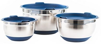 Fitzroy and Fox 3 Piece Stainless Steel Mixing Bowl Set with Lids, Non Slip Silicone Bottoms, and Volume Measurements