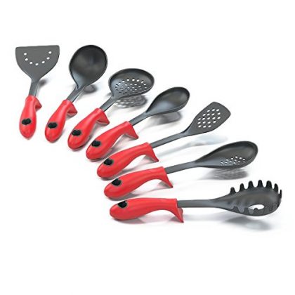Kitchen Cooking Utensils and Gadgets, Red Set of 7 Built-in Stand, Turner Spoon Spatula and Ebook