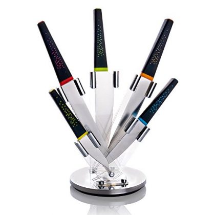 VREMI Peacock Stainless Steel Chef’s Essentials 5 Piece Knife Set – Acrylic Knife Block Included