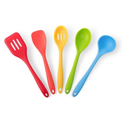California Home Goods 5-Piece Heat Resistant Silicone Cooking Set ● 1 Slotted Spoon, 1 Spatula Slotted Turner, 1 Ladle, 1 Spoonula, 1 Spoon ● Gorgeous Multi-Color Pack