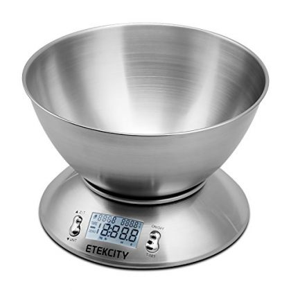 Etekcity 11lb/5kg Digital Kitchen Food Scale, Stainless Steel, Mixing Bowl, Alarm Timer and Temperature Sensor, Grey