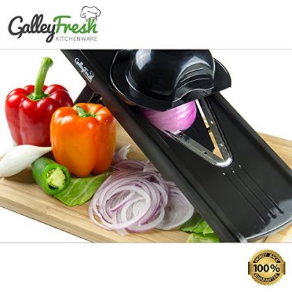 GalleyFresh Professional V-Slicer – Mandoline Slicer, 7 Piece Set – Food Chopper, Fruit & Vegetable Cutter – Extremely Sharp Stainless Steel Blades, Giant Safety Guard Included, Durable ABS Plastic Body, And Slip Resistant Rubber Feet For Stabilization.