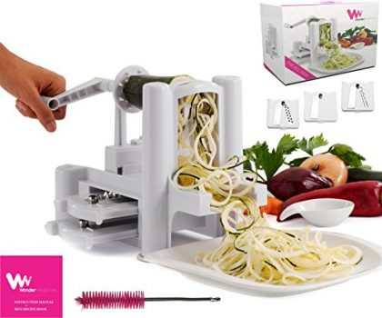 WonderVeg Spiralizer – Vegetable Spiral Slicer – Latest Generation of BPA-Free ABS Plastic for Extreme Durability – First Ever TriBlade with FREE Cleaning Brush – Elegant Packaging Design – Mini Recipe Book Included – Zucchini Spaghetti Pasta Noodles Maker – Love it or It’s Free – White
