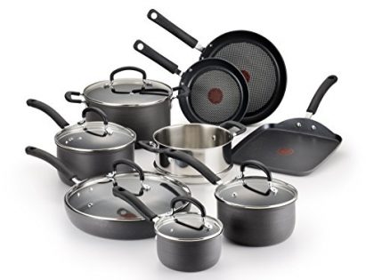 T-fal E918SE Ultimate Hard Anodized Durable Nonstick Expert Interior Thermo-Spot Heat Indicator Anti-Warp Base Dishwasher Safe PFOA Free Oven Safe Cookware Set, 14-Piece, Gray