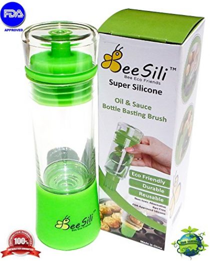 Bee Sili Olive Oil & Vinegar Dispenser Bottle Basting Brush – 3-in-1 Pour, Baste, Store Space Saver – Salad Dressing Cruet Food Storage Container – Green