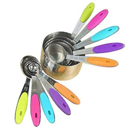 Bekith Stainless Steel Measuring Cups and Spoons 10 Piece Stackable Set – Measuring Set for Cooking and Baking with Silicone Handle Insert for Grip – Sizes in Cups, Teaspoons, Tablespoons, and Ml – Sturdy Metal Nesting Kitchen Utensils with Cute Multicolor Handles