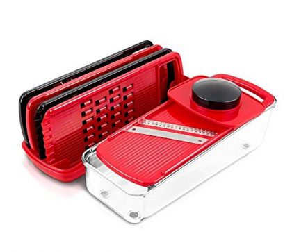 GDL PS-318I Mandoline Slicer, Grate & Slice Set With Food Container, 5-Blade, Black/Red