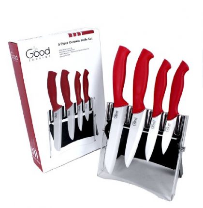 Ceramic Knives with Block- 5 Piece Cutlery Set By Good Cooking (Red Handles)