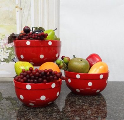 Set of 3 POLKA DOTS Red Ceramic Mixing Bowls, 82169MIX By ACK