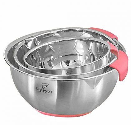 Fulmar 3-piece Mixing Bowl set made of Stainless Steel with Silicon Handle and Non-skid Bottom. Complimentary Recipe E-book set