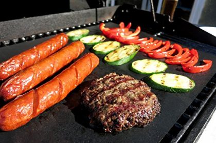 Best BBQ Grill Mat and Kabob Skewer Set from Searious Chef TM • Set of 2 Top Quality Grilling Mats + 4 Bonus Stainless Steel Skewers • Experience the Ultimate in Outdoor Charcoal, Electric or Gas Cooking • Also Use Indoors As Oven Baking Sheets • Barbecue Like a Pro with These Easy Clean-up, Non Stick & Reusable Accessories and Tools • Eco-friendly & Healthy • Great Gifts!