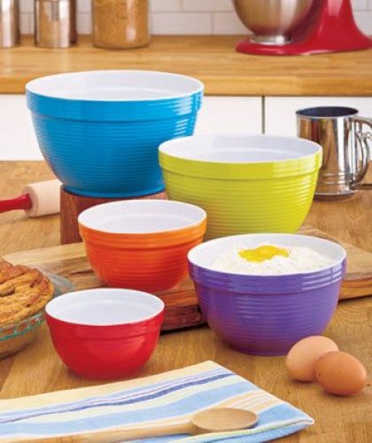5 Piece Stoneware Mixing Bowl Set. Different Size Colored Bowls Nest Together for Compact Storage. Colors: Red, Orange, Purple, Green, Blue. Ideal for Mixing, Serving and Storing. Dishwasher and Microwave Safe. 16 Oz – 115 Oz Sizes. Amazing Set.