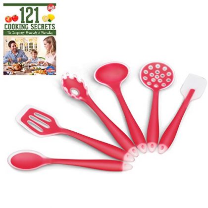 Silicone Designs 6 Piece Cooking Utensil Set for Kitchen, Red, Premium Non-stick Silicone for Durability and Strength, Includes Cooking Secrets Ebook