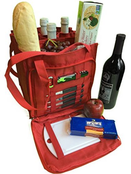 Wine and Cheese Party Tote Bag – 6 Bottle Reusable Canvas Fabric Weekend Travel Picnic Carrier-RED