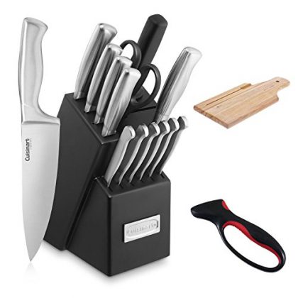 Cuisinart 15pc Stainless Steel Hollow Handle Block Set + Jokari Deluxe Knife Sharpener with Comfort Grip + Wooden Bread Board 3/4-Inch