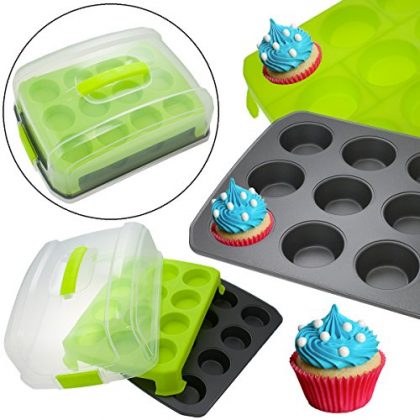 24 Cupcake Bake & Carry Muffin Set Nonstick Steel Pan Locking Lid Carrier Caddy